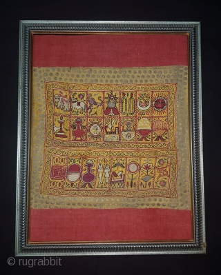 Sutra Book Cover An Jain Mochi Bharat Embroidery From Kutch, Gujarat. India.Showing When Mahavira was born his mother Trishala, During her pregnancy,Mother was believed to have had a number of auspicious dreams,  ...