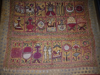 Sutra Book Cover An Jain Mochi Bharat Embroidery From Kutch, Gujarat. India.Showing When Mahavira was born his mother Trishala, During her pregnancy,Mother was believed to have had a number of auspicious dreams,  ...