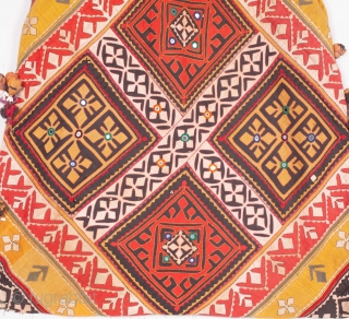 Dowry Bag (cotton) from Sindh Region of undivided India. India.Applique cut-outs with mirrors and the tassels.C.1900.Its size is 58cmX88cm. Rare Kind of Bag(IMG_5151).          