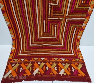 An Unique and Rare Bhul Bhalaya Bagh-Phulkari From East (Punjab) India.

Floss Silk on Hand Spun Cotton khaddar Cloth.

Late 19th Century.

Its size is 125cmX225cm(20230325_123424).          