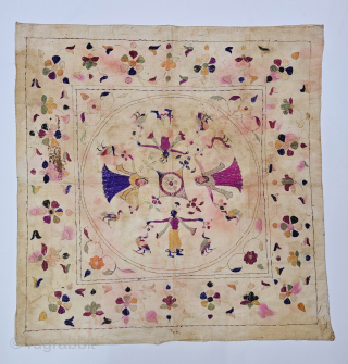 An Rare and unusual Pahari or Chamba Rumal from Himachal Pradesh, India. Depicting the Ras Lila with Krishna and the Gopis in a circle surrounding a multi-petal lotus. Bordered with floral motifs  ...