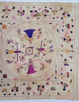 An Rare and unusual Pahari or Chamba Rumal from Himachal Pradesh, India. Depicting the Ras Lila with Krishna and the Gopis in a circle surrounding a multi-petal lotus. Bordered with floral motifs  ...