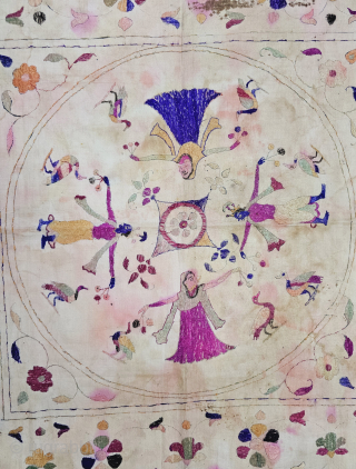 An Rare and unusual Pahari or Chamba Rumal from Himachal Pradesh, India. Depicting the Ras Lila with Krishna and the Gopis in a circle surrounding a multi-petal lotus. Bordered with floral motifs  ...
