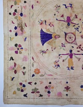 An Rare and unusual Pahari or Chamba Rumal from Himachal Pradesh, India. Depicting the Ras Lila with Krishna and the Gopis in a circle surrounding a multi-petal lotus. Bordered with floral motifs  ...