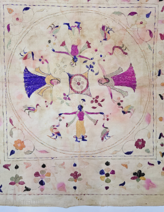 An Rare and unusual Pahari or Chamba Rumal from Himachal Pradesh, India. Depicting the Ras Lila with Krishna and the Gopis in a circle surrounding a multi-petal lotus. Bordered with floral motifs  ...