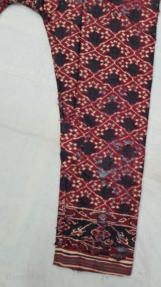 Ejar (Trouser) Silk Double Ikat, Probably Patan Gujarat. India.T his Patola Design Ejar known as Tran-Phul-Bhat (there flowers design) Design. c.1825-1850. Its size is W-128cm, L-115cm (20210310_160418).      