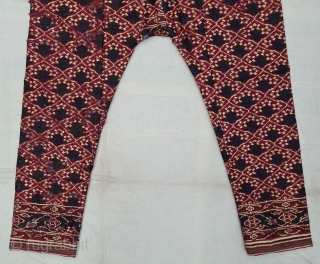 Ejar (Trouser) Silk Double Ikat, Probably Patan Gujarat. India.T his Patola Design Ejar known as Tran-Phul-Bhat (there flowers design) Design. c.1825-1850. Its size is W-128cm, L-115cm (20210310_160418).      