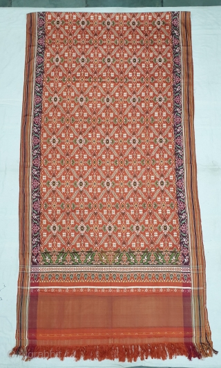 Patola Sari Silk Double ikat.Probably Patan Gujarat. India. this Patola sari has the type of geometric,non figurative pattern particularly favored by the ismaili Muslim merchant community of the Vohras.And its called Vohra-Gaji-Bhat.(Vohra  ...