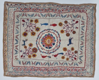 An Very Fine Folk Embroidery Kantha Quilted and embroidered cotton kantha Probably From East Bengal(Bangladesh) region, India. C.1900 -1925.

Its size is 80cmX100cm(20221226_152314_001).           