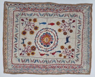 An Very Fine Folk Embroidery Kantha Quilted and embroidered cotton kantha Probably From East Bengal(Bangladesh) region, India. C.1900 -1925.

Its size is 80cmX100cm(20221226_152314_001).           