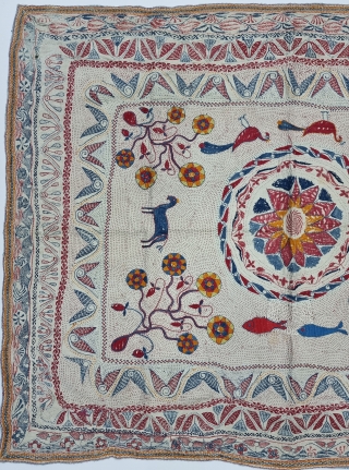 An Very Fine Folk Embroidery Kantha Quilted and embroidered cotton kantha Probably From East Bengal(Bangladesh) region, India. C.1900 -1925.

Its size is 80cmX100cm(20221226_152314_001).           