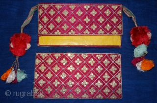 Jain Book Cover with cotton and Silk Tassels,Silver(Real) And gold(Real)gilt embroidery on the Gajji-Silk,.From Kutch,Gujarat. India.C.1900.Its size is 14X26cm,Inside Embroidered Broad size is 13cmX26cm(DSC02411 New).        