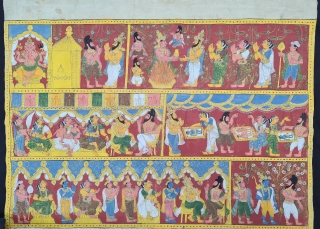 Cheriyal Scroll Painting on the Cotton  From Telangana South India.
This are epic Storytelling  paintings which  is showing different kind of Mythology Art  stories
The scrolls are painted in a  ...