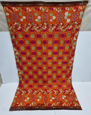 An Unique Bagh-Phulkari From East (Punjab) India. Floss Silk on Hand Spun Cotton khaddar Cloth. 

Late 19th Century.

 Its size is 132cmX230cm(20230325_122420).
           