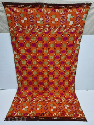 An Unique Bagh-Phulkari From East (Punjab) India. Floss Silk on Hand Spun Cotton khaddar Cloth. 

Late 19th Century.

 Its size is 132cmX230cm(20230325_122420).
           