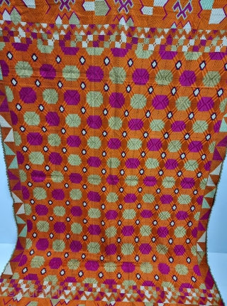 An Unique Bagh-Phulkari From East (Punjab) India. Floss Silk on Hand Spun Cotton khaddar Cloth. 

Late 19th Century.

 Its size is 132cmX230cm(20230325_122420).
           