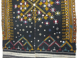 Embroidered woolen wedding shawl (Odhani )from the Thar Desert region of Jaisalmer district of Rajasthan, India.The background cloth is two parts of Black handloomed wool cloth (Probably camel wool) that have been  ...