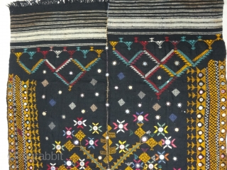 Embroidered woolen wedding shawl (Odhani )from the Thar Desert region of Jaisalmer district of Rajasthan, India.The background cloth is two parts of Black handloomed wool cloth (Probably camel wool) that have been  ...