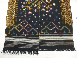 Embroidered woolen wedding shawl (Odhani )from the Thar Desert region of Jaisalmer district of Rajasthan, India.The background cloth is two parts of Black handloomed wool cloth (Probably camel wool) that have been  ...