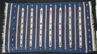 Indigo Blue,Jail Dhurrie(Cotton)with Terracotta And white 'Double-Minaret' striped Dhurrie with feathered diamonds,From Ajmer, Rajasthan. India.C.1900.Its size is 118cmX212cm. Condition is very good(20171204_122115 New).          