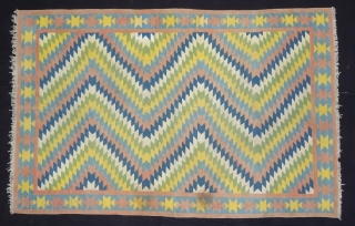 Satrangi-Shatranji (Seven-Colours),Jail Dhurrie(Cotton)Blue And Multi Colour Lahariya Weave Design Dhurrie with Star Design in the Border.From Bikaner, Rajasthan. India.C.1900.Its size is 132X205cm. Condition is very good(DSC05832).
       