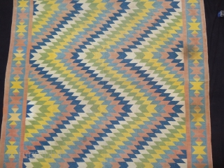 Satrangi-Shatranji (Seven-Colours),Jail Dhurrie(Cotton)Blue And Multi Colour Lahariya Weave Design Dhurrie with Star Design in the Border.From Bikaner, Rajasthan. India.C.1900.Its size is 132X205cm. Condition is very good(DSC05832).
       