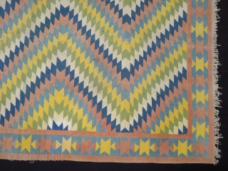 Satrangi-Shatranji (Seven-Colours),Jail Dhurrie(Cotton)Blue And Multi Colour Lahariya Weave Design Dhurrie with Star Design in the Border.From Bikaner, Rajasthan. India.C.1900.Its size is 132X205cm. Condition is very good(DSC05832).
       