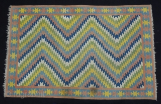 Satrangi-Shatranji (Seven-Colours),Jail Dhurrie(Cotton)Blue And Multi Colour Lahariya Weave Design Dhurrie with Star Design in the Border.From Bikaner, Rajasthan. India.C.1900.Its size is 132X205cm. Condition is very good(DSC05832).
       