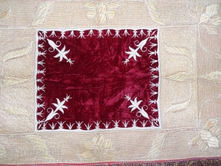 Zardozi Kalabattu Embroidery(Real Zari)Work Velvet Carpet, with real zari frills and cotton threads,This piece Known as Bhichana from the Royal Nawab Family of Uttar Pradesh. India.C.1900.Its size is 93cmX133cm(DSC05285).    