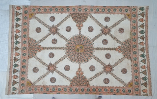 Rogan Art Shamiyana(Marquee)Hanging From Kutch Region of Gujarat India.Made by the Ahir Herders in Kutch. Rogan Means Design Printed on with a mixture of thickened oil and pigment.C.1900.Its size is 165cmX260cm(20200428_121102).
  