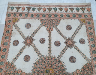 Rogan Art Shamiyana(Marquee)Hanging From Kutch Region of Gujarat India.Made by the Ahir Herders in Kutch. Rogan Means Design Printed on with a mixture of thickened oil and pigment.C.1900.Its size is 165cmX260cm(20200428_121102).
  