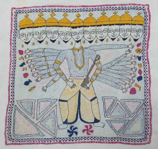 Ravan Kantha Quilted and embroidered cotton Kantha Probably from West Bengal region of India, India.C.1900. Its size is 40cmX41cm(20200502_160625).


              