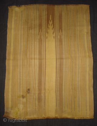 Rafia Ikat Prayer Mat,Of Sakalaya People,West cost of Madagascar,C.1900.Ikat dyed rafia with natural dyes.Its size is 77cmX104cm.Condition,there are fue repairs and some stains(DSC05490 New).         