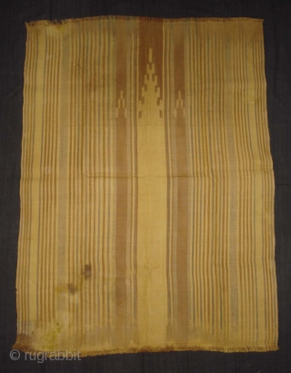 Rafia Ikat Prayer Mat,Of Sakalaya People,West cost of Madagascar,C.1900.Ikat dyed rafia with natural dyes.Its size is 77cmX104cm.Condition,there are fue repairs and some stains(DSC05490 New).         
