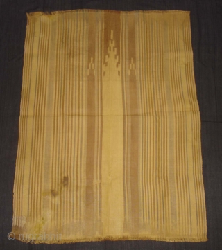 Rafia Ikat Prayer Mat,Of Sakalaya People,West cost of Madagascar,C.1900.Ikat dyed rafia with natural dyes.Its size is 77cmX104cm.Condition,there are fue repairs and some stains(DSC05490 New).         