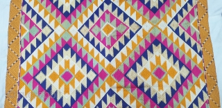 Phulkari From West(Pakistan) Punjab.India.Known As Panchrangi Bagh With Rare influence of Shisha Design with beautiful colour combination of Panchrangi Colours,C.1900.Very Rare kind of Phulkari(20190511_154603).
         