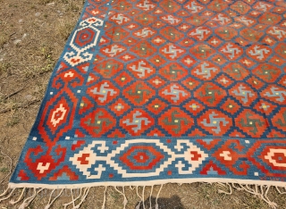 Jail Dhurrie, Indigo Blue And Red Swastika Motif Dhurrie , Hand Spun Cotton, From Kutch Region of Gujarat India. India.

These Kinds of Jail Dhurrie’s were made in Indian prisons during British rule  ...