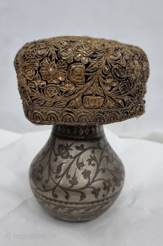 Parsi Topi (Hat) Zardozi Embroidered on Silk, With Real Silver Thread with Gold Polish, From Surat Gujarat India.
India. India.

Early19th Century (20230513_155042).            