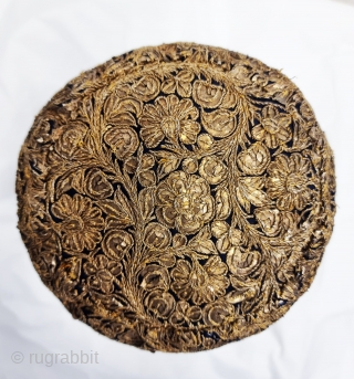 Parsi Topi (Hat) Zardozi Embroidered on Silk, With Real Silver Thread with Gold Polish, From Surat Gujarat India.
India. India.

Early19th Century (20230513_155042).            