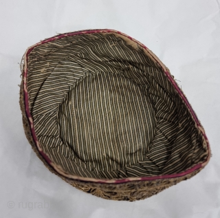 Parsi Topi (Hat) Zardozi Embroidered on Silk, With Real Silver Thread with Gold Polish, From Surat Gujarat India.
India. India.

Early19th Century (20230513_155042).            