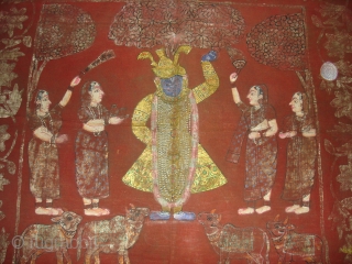 Pichwai of Krishna From Rajasthan/Deccani India.Natural Dye Cotton,Painted and Printed with polychrome pigments,gold and silver.Its size is 90cmx90cm(DSC04963 New).              