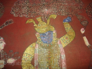 Pichwai of Krishna From Rajasthan/Deccani India.Natural Dye Cotton,Painted and Printed with polychrome pigments,gold and silver.Its size is 90cmx90cm(DSC04963 New).              