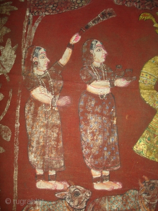 Pichwai of Krishna From Rajasthan/Deccani India.Natural Dye Cotton,Painted and Printed with polychrome pigments,gold and silver.Its size is 90cmx90cm(DSC04963 New).              