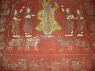 Pichwai of Krishna From Rajasthan/Deccani India.Natural Dye Cotton,Painted and Printed with polychrome pigments,gold and silver.Its size is 90cmx90cm(DSC04963 New).              