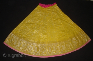 Ghaghra (Skirt) From Rajasthan, India. Made of Silver Tinsel on Yellow Malmal Cloth.This were traditionally used mainly by Rajput family of Rajasthan.Its size is L-88cm Around-270cm(DSC05147 New).      