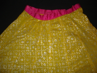 Ghaghra (Skirt) From Rajasthan, India. Made of Silver Tinsel on Yellow Malmal Cloth.This were traditionally used mainly by Rajput family of Rajasthan.Its size is L-88cm Around-270cm(DSC05147 New).      