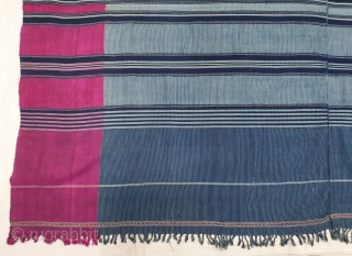 A Very Large Waziri Shawl (Indigo Blue Colour) for Man From Waziristan, Pakistan. India.C.1900.Natural Dye with check design with Hand Woven Cotton and silk ends,with silk end borders.Its size is 150cmX475cm.C.1900.Very nice  ...