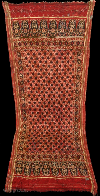 Patola Sari Fragment,Silk Double Ikat,Probably Patan Gujarat. India.This Patola known as Tran-Phul-Bhat (there flowers design) Design.This Patola is one of the most Rare designs,and with indigo blue colours. Which is very rare  ...