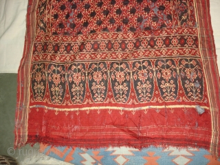 Patola Sari Fragment,Silk Double Ikat,Probably Patan Gujarat. India.This Patola known as Tran-Phul-Bhat (there flowers design) Design.This Patola is one of the most Rare designs,and with indigo blue colours. Which is very rare  ...