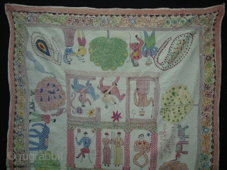 Kantha Quilted and embroidered cotton kantha Proper From Faridpur East (Bangladesh)Bangal region.Its size is 94cm x 143cm.Its written As Name of owner and Faridpur Banladesh.An Very very Rare kantha.(DSC07491)    